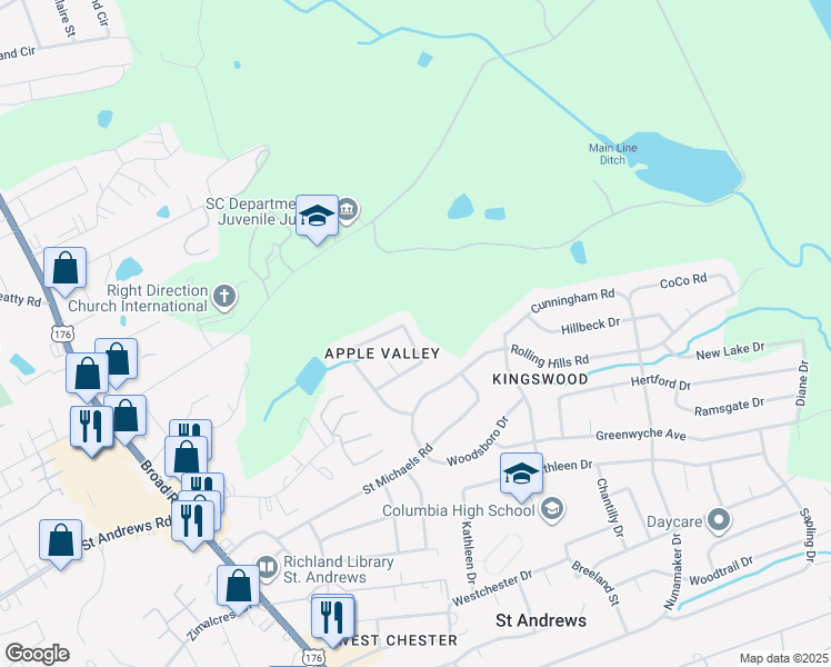 map of restaurants, bars, coffee shops, grocery stores, and more near 2209 Apple Valley Road in Columbia