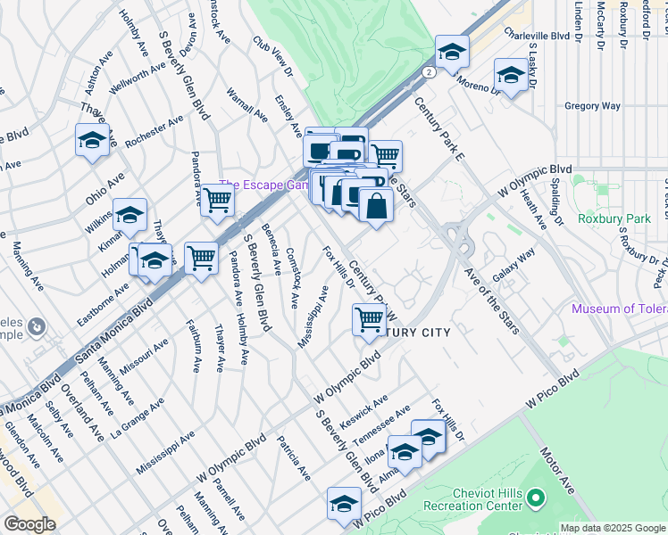 map of restaurants, bars, coffee shops, grocery stores, and more near 2002 Fox Hills Drive in Los Angeles