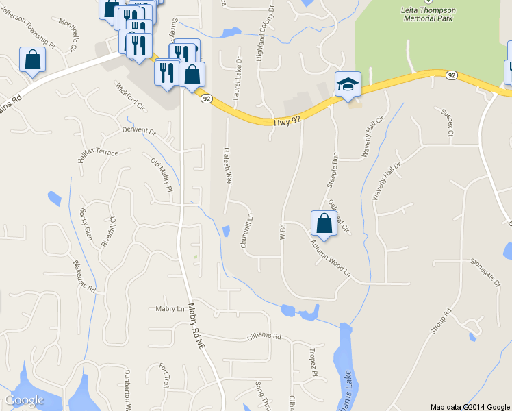 map of restaurants, bars, coffee shops, grocery stores, and more near 1080 Churchill Lane in Roswell