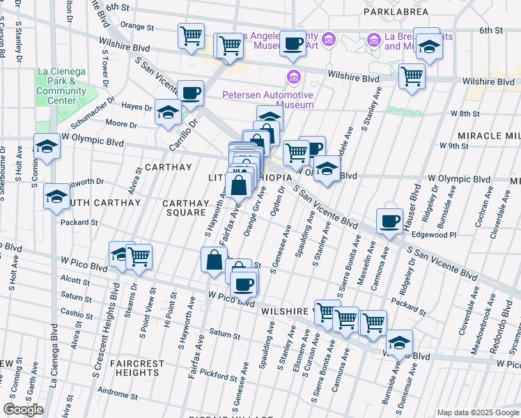 map of restaurants, bars, coffee shops, grocery stores, and more near 1076 South Orange Grove Avenue in Los Angeles