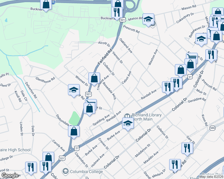 map of restaurants, bars, coffee shops, grocery stores, and more near 744 Rosedale Arch in Columbia