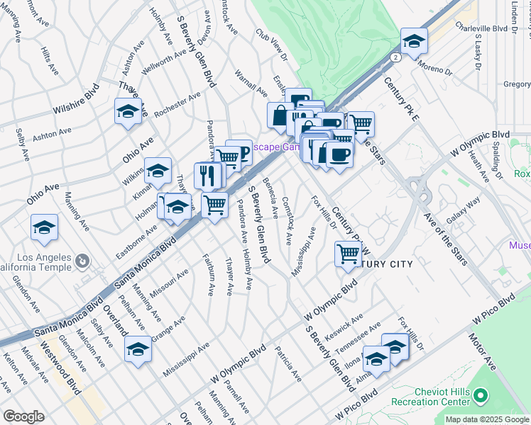 map of restaurants, bars, coffee shops, grocery stores, and more near 1862 South Beverly Glen Boulevard in Los Angeles