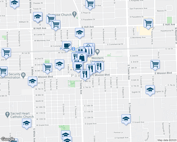 map of restaurants, bars, coffee shops, grocery stores, and more near 208 4th Street in Pomona