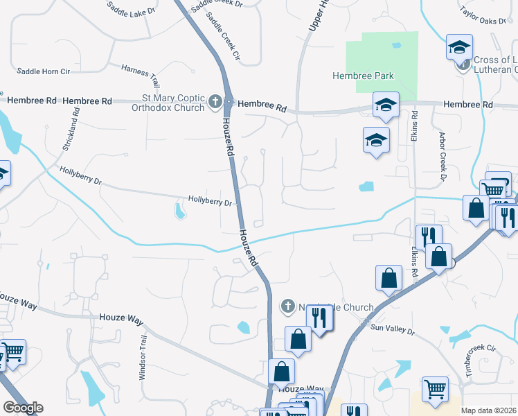 map of restaurants, bars, coffee shops, grocery stores, and more near 1560 Hawkins Cove Trail in Roswell