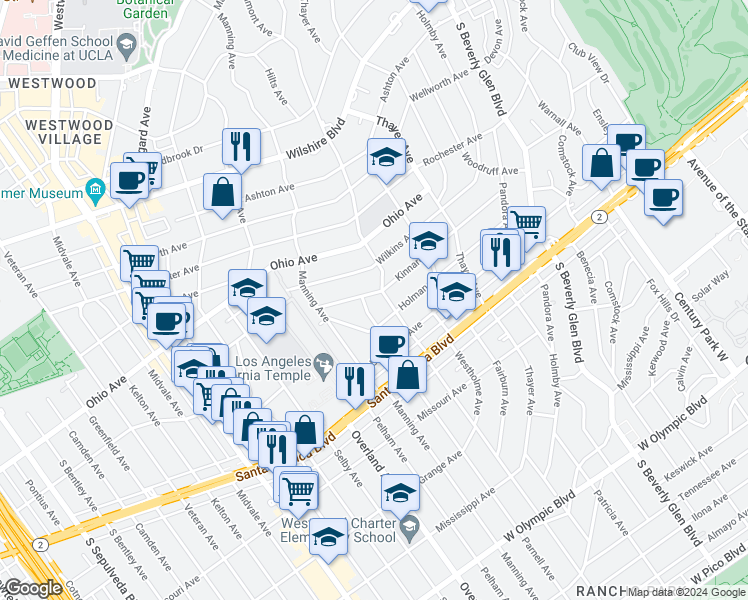 map of restaurants, bars, coffee shops, grocery stores, and more near 10616 Kinnard Avenue in Los Angeles