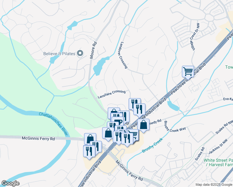 map of restaurants, bars, coffee shops, grocery stores, and more near 952 Lansfaire Crossing in Suwanee