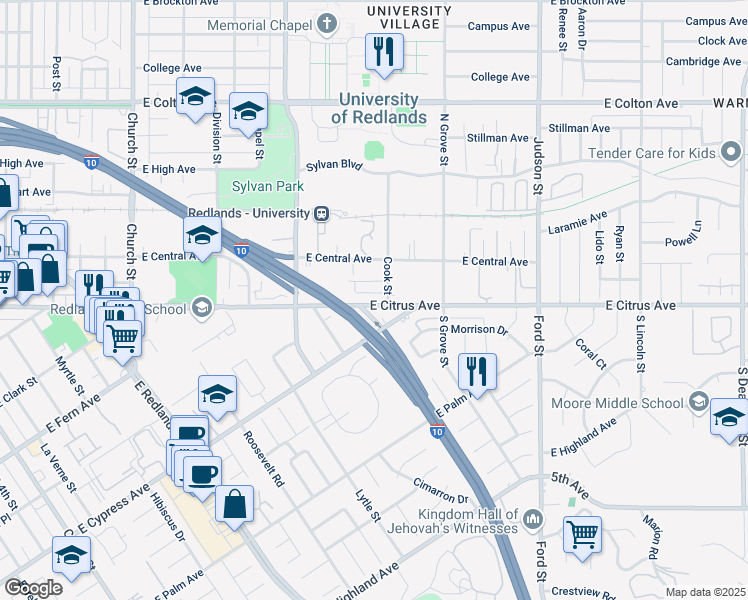 map of restaurants, bars, coffee shops, grocery stores, and more near 1135 East Citrus Avenue in Redlands