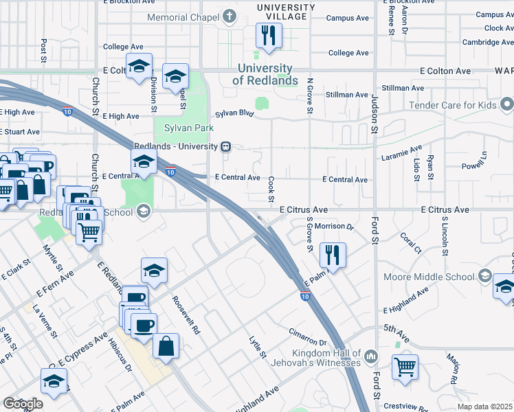 map of restaurants, bars, coffee shops, grocery stores, and more near 1135 East Citrus Avenue in Redlands