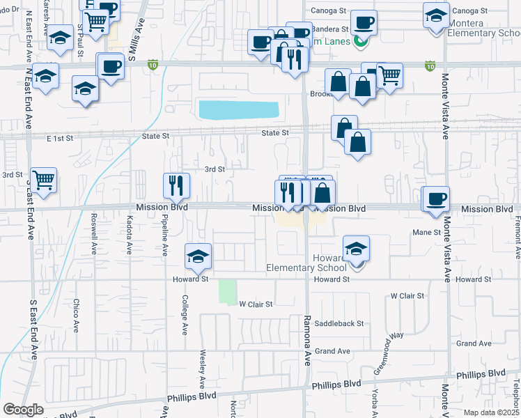map of restaurants, bars, coffee shops, grocery stores, and more near 4356 Mission Boulevard in Montclair