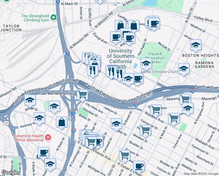map of restaurants, bars, coffee shops, grocery stores, and more near 1036 Brittania Street in Los Angeles