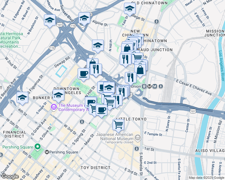 map of restaurants, bars, coffee shops, grocery stores, and more near 315 North Spring Street in Los Angeles