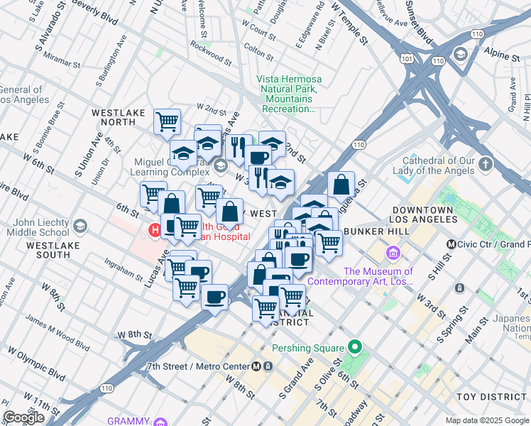 map of restaurants, bars, coffee shops, grocery stores, and more near 1200 West 4th Street in Los Angeles