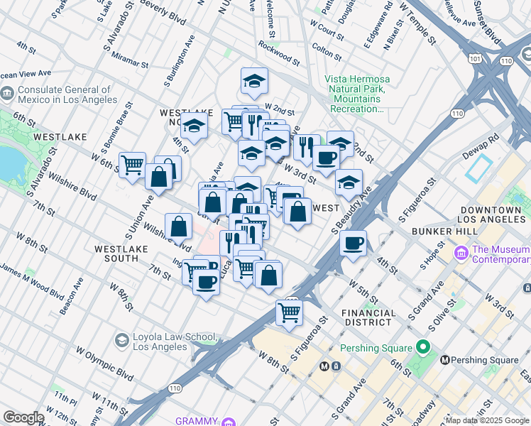 map of restaurants, bars, coffee shops, grocery stores, and more near 455 Lucas Avenue in Los Angeles
