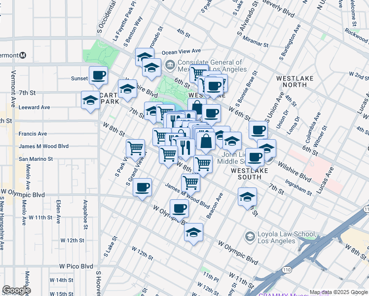 map of restaurants, bars, coffee shops, grocery stores, and more near in Los Angeles