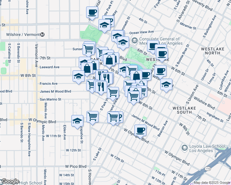 map of restaurants, bars, coffee shops, grocery stores, and more near 2312 West 8th Street in Los Angeles