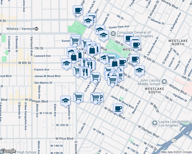 map of restaurants, bars, coffee shops, grocery stores, and more near 2312 West 8th Street in Los Angeles