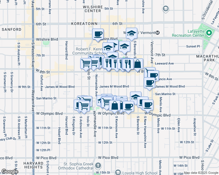 map of restaurants, bars, coffee shops, grocery stores, and more near 3089 West 9th Street in Los Angeles