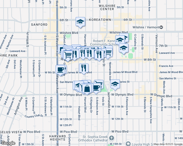 map of restaurants, bars, coffee shops, grocery stores, and more near 3301 James M Wood Boulevard in Los Angeles