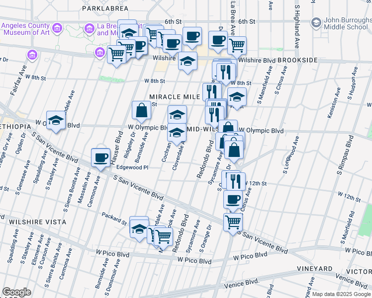 map of restaurants, bars, coffee shops, grocery stores, and more near 1039 South Cloverdale Avenue in Los Angeles