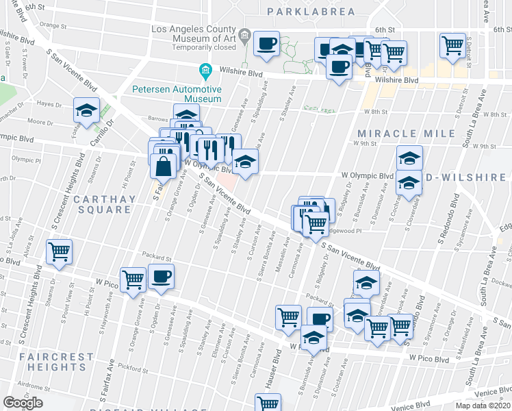 map of restaurants, bars, coffee shops, grocery stores, and more near 1053 South Stanley Avenue in Los Angeles