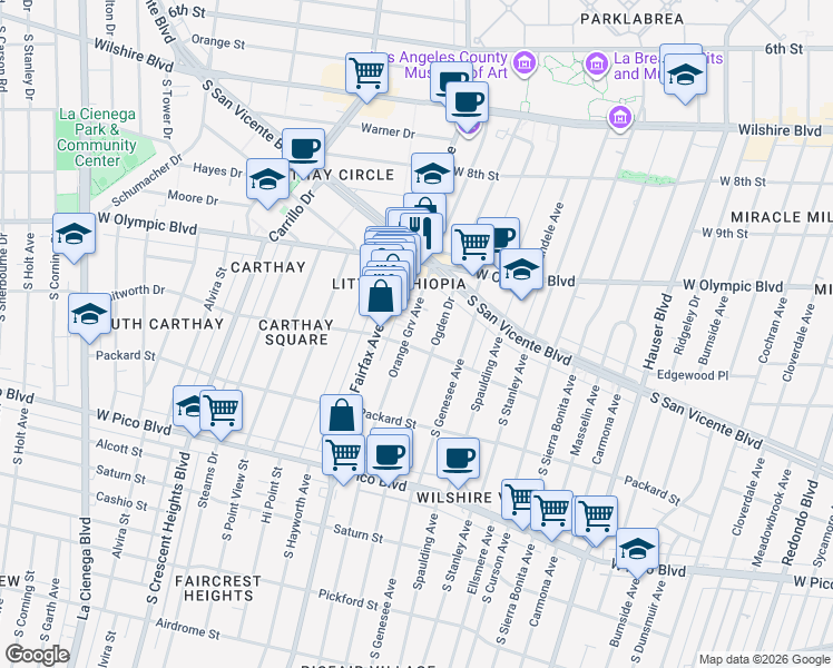 map of restaurants, bars, coffee shops, grocery stores, and more near 1064 South Orange Grove Avenue in Los Angeles