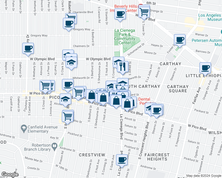 map of restaurants, bars, coffee shops, grocery stores, and more near 1138 South Corning Street in Los Angeles