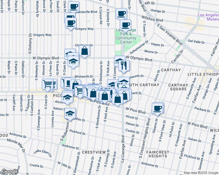 map of restaurants, bars, coffee shops, grocery stores, and more near 1139 South Holt Avenue in Los Angeles