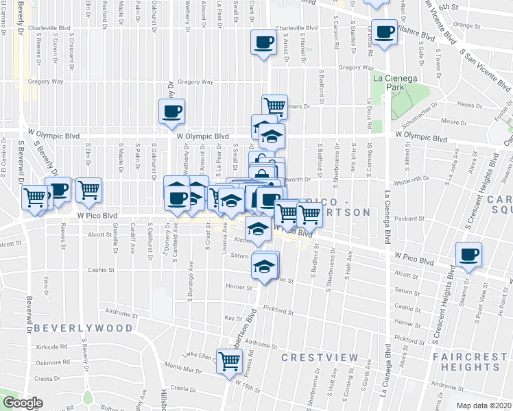 map of restaurants, bars, coffee shops, grocery stores, and more near 1147 South Robertson Boulevard in Los Angeles
