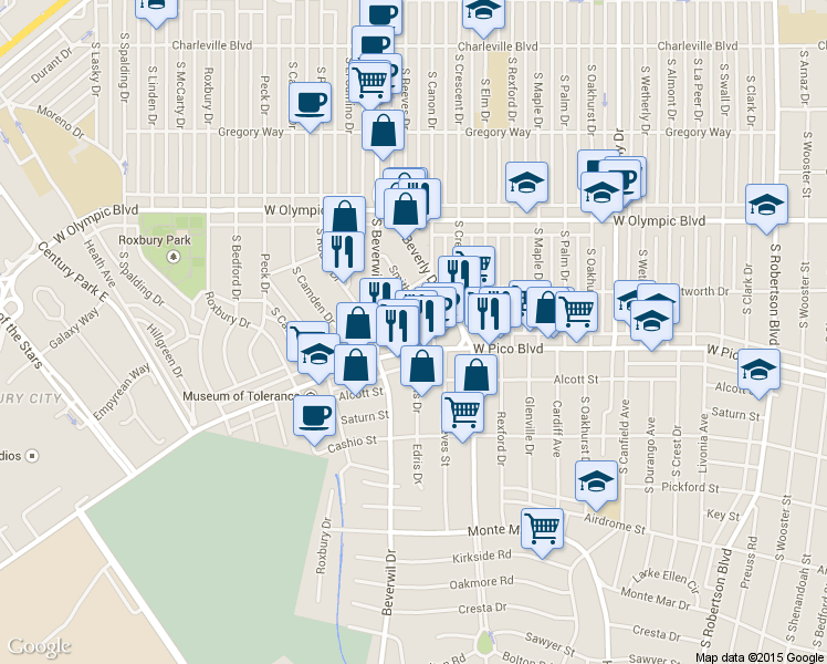 map of restaurants, bars, coffee shops, grocery stores, and more near 1246 Edris Drive in Los Angeles