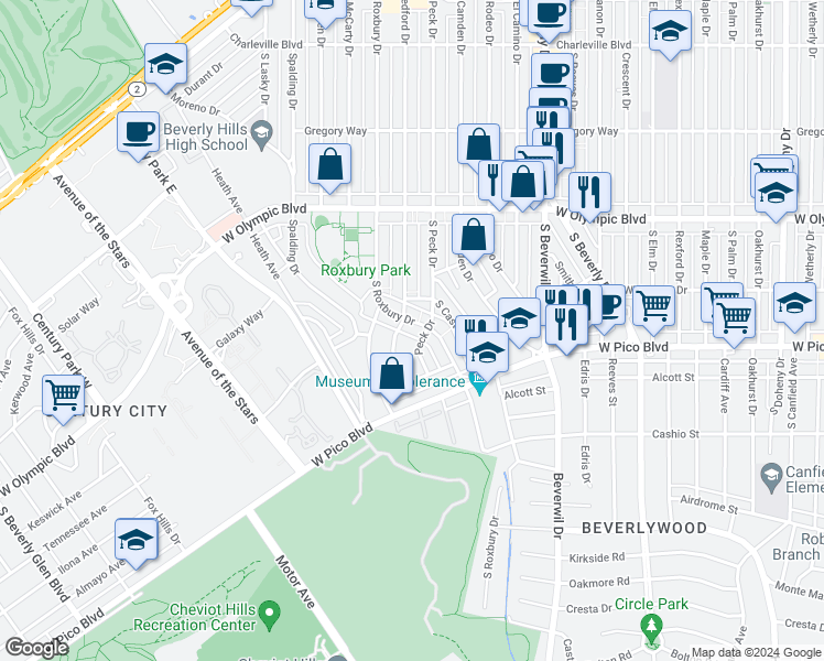 map of restaurants, bars, coffee shops, grocery stores, and more near 1201 South Roxbury Drive in Los Angeles
