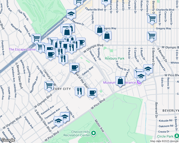 map of restaurants, bars, coffee shops, grocery stores, and more near 2220 Galaxy Way in Los Angeles