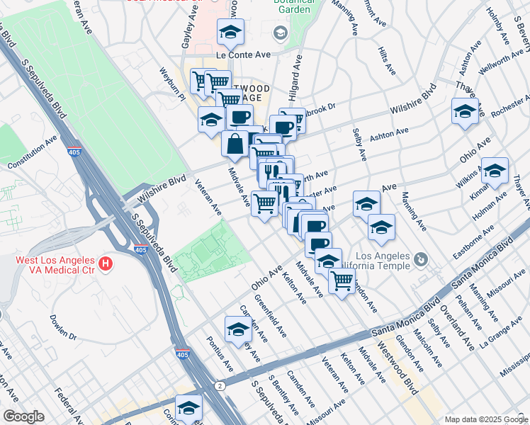 map of restaurants, bars, coffee shops, grocery stores, and more near 10911 Rochester Avenue in Los Angeles