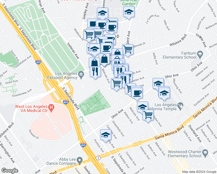 map of restaurants, bars, coffee shops, grocery stores, and more near 10957 Rochester Avenue in Los Angeles