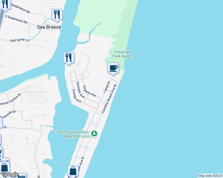 map of restaurants, bars, coffee shops, grocery stores, and more near 1702 Canal Drive in Carolina Beach