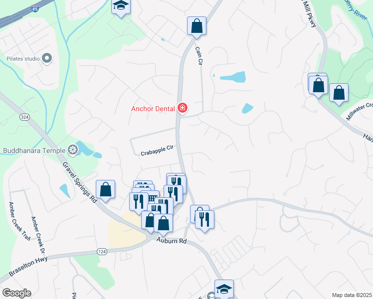 map of restaurants, bars, coffee shops, grocery stores, and more near 2910 Waverly Place Drive in Dacula