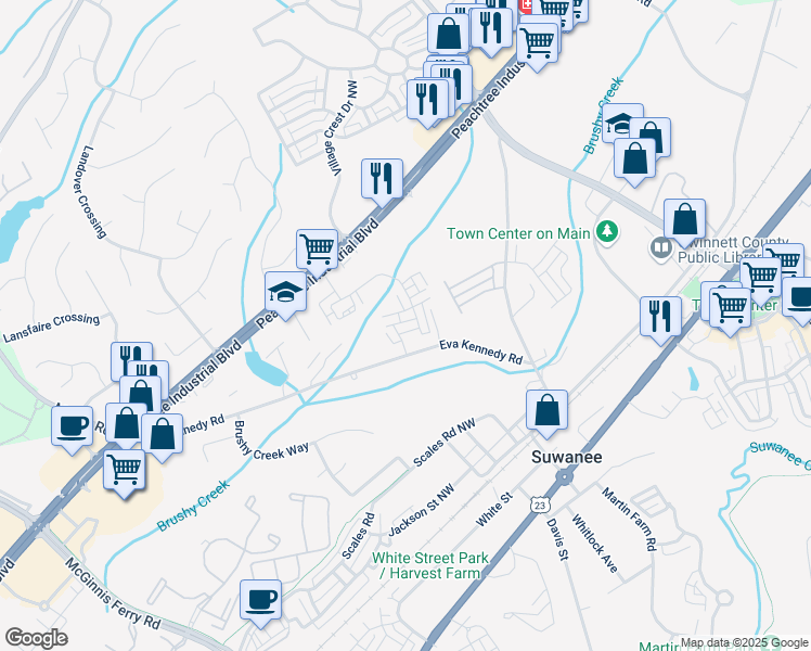 map of restaurants, bars, coffee shops, grocery stores, and more near Finley Street in Suwanee
