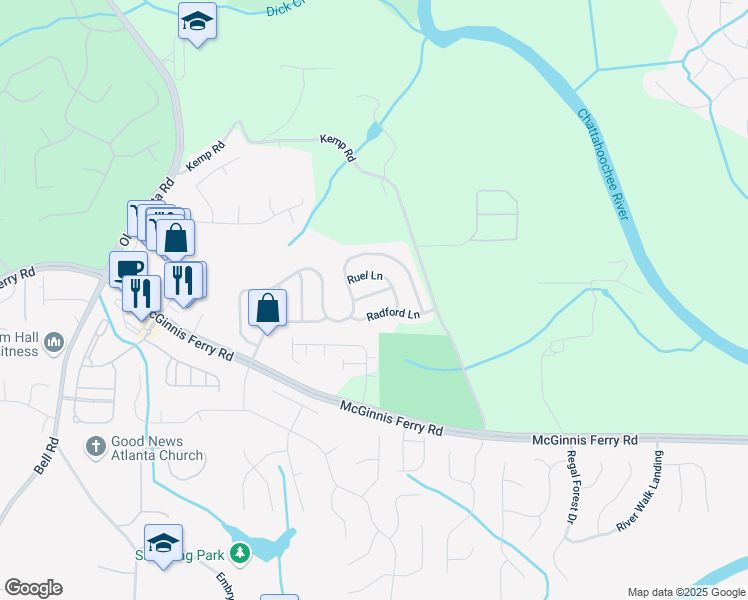 map of restaurants, bars, coffee shops, grocery stores, and more near 8850 Grappe Trace in Suwanee