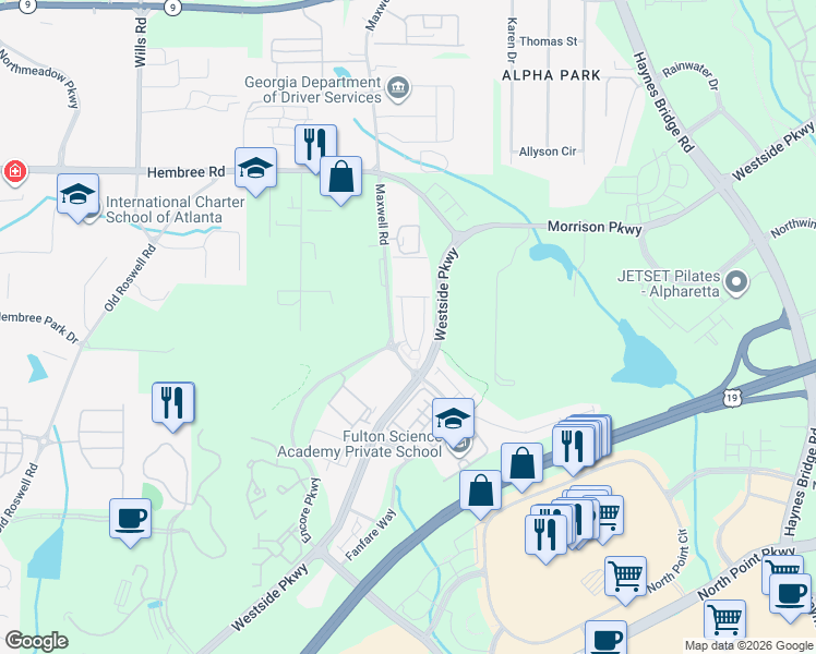 map of restaurants, bars, coffee shops, grocery stores, and more near 11253 Musette Circle in Alpharetta
