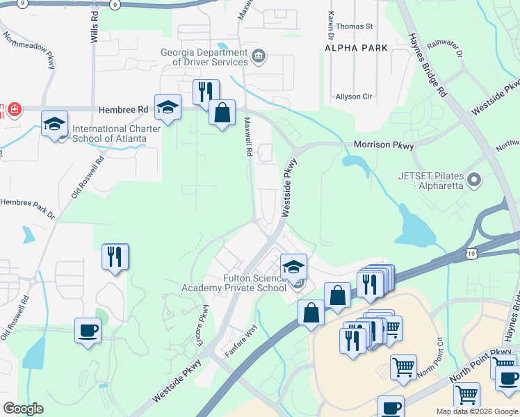 map of restaurants, bars, coffee shops, grocery stores, and more near 11254 Musette Circle in Alpharetta