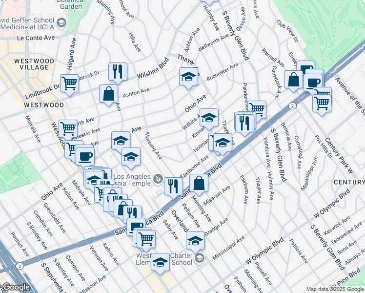 map of restaurants, bars, coffee shops, grocery stores, and more near 10616 Kinnard Avenue in Los Angeles
