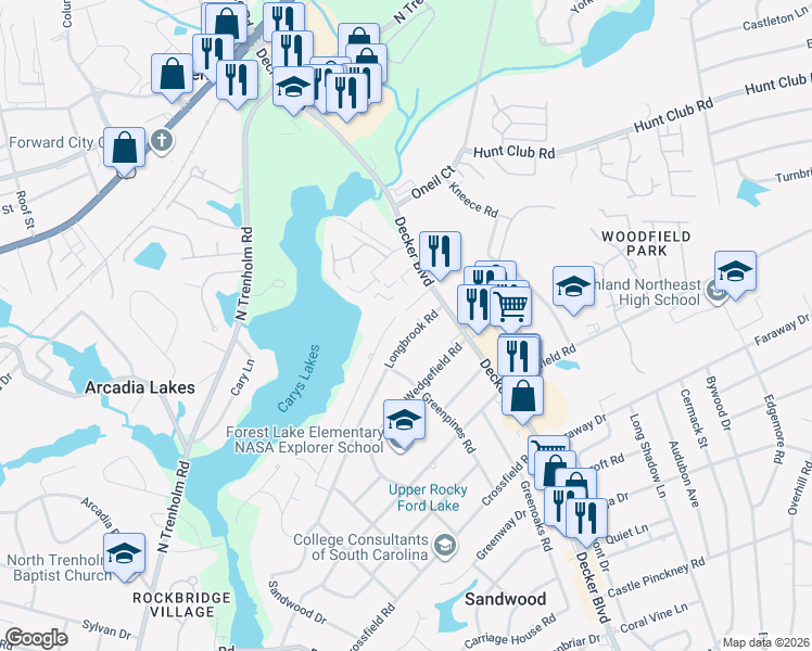 map of restaurants, bars, coffee shops, grocery stores, and more near 6923 Longbrook Road in Columbia