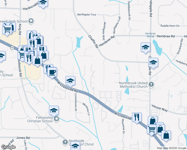 map of restaurants, bars, coffee shops, grocery stores, and more near 1625 River Oak Drive in Roswell