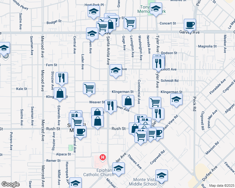 map of restaurants, bars, coffee shops, grocery stores, and more near 10710 Klingerman Street in South El Monte