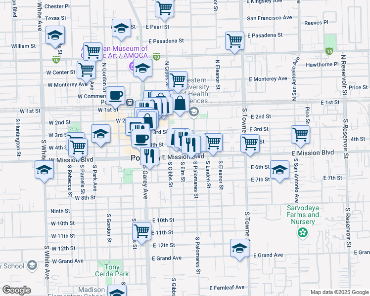 map of restaurants, bars, coffee shops, grocery stores, and more near 362 4th Street in Pomona