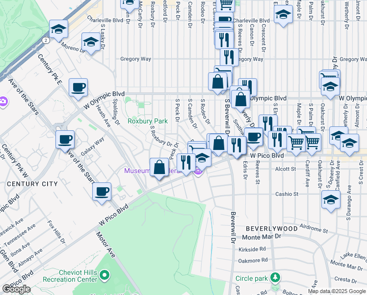 map of restaurants, bars, coffee shops, grocery stores, and more near 1310 South Roxbury Drive in Los Angeles