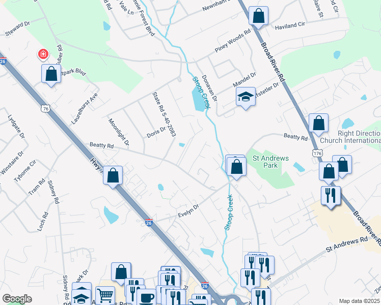 map of restaurants, bars, coffee shops, grocery stores, and more near 114 Rembert Martin Park in Columbia
