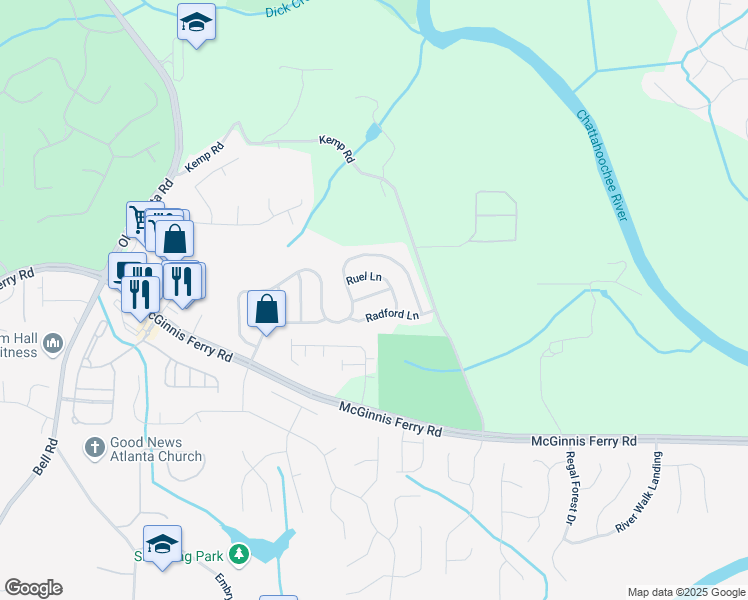 map of restaurants, bars, coffee shops, grocery stores, and more near 8850 Grappe Trace in Suwanee