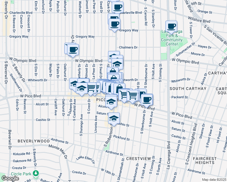map of restaurants, bars, coffee shops, grocery stores, and more near 1147 South Robertson Boulevard in Los Angeles