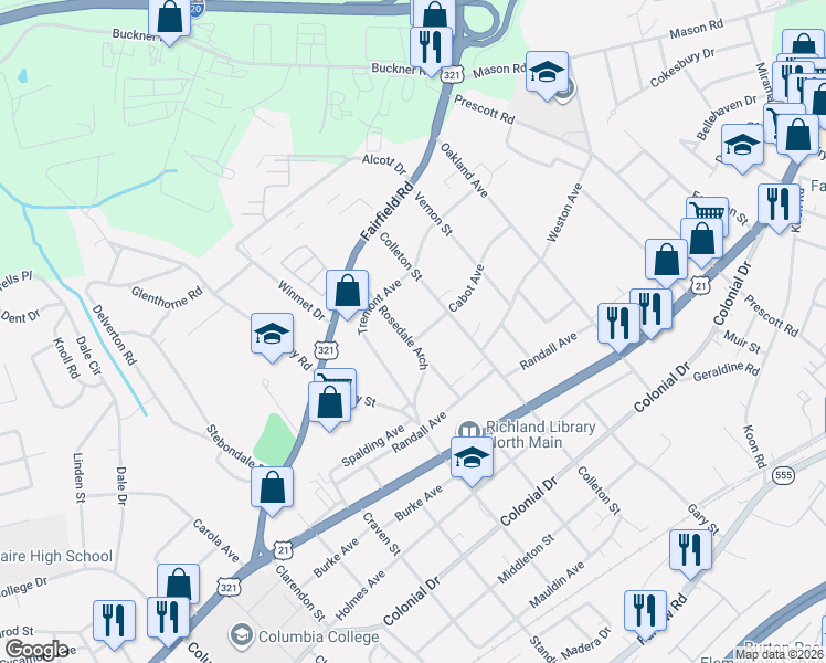 map of restaurants, bars, coffee shops, grocery stores, and more near 5403 Cabot Avenue in Columbia