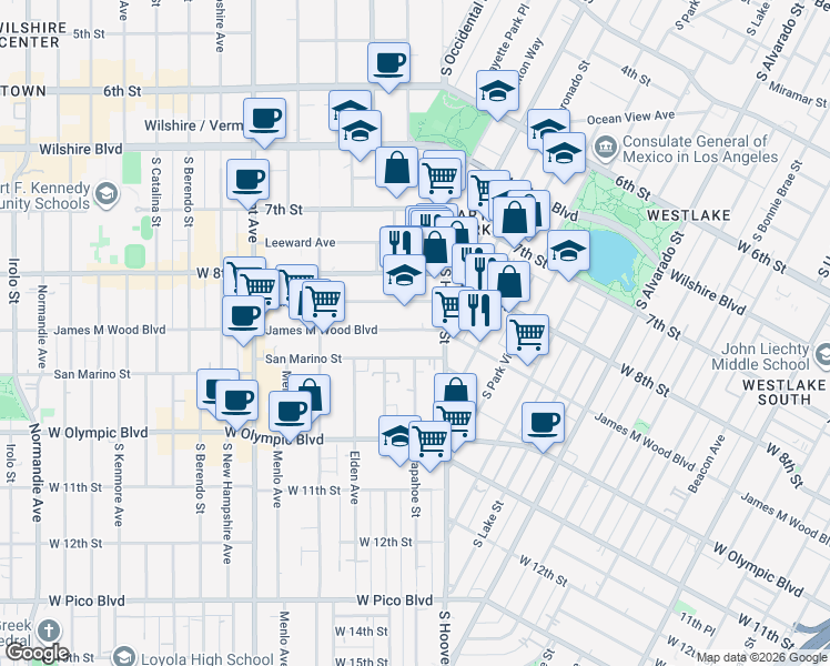 map of restaurants, bars, coffee shops, grocery stores, and more near 2642 James M Wood Boulevard in Los Angeles